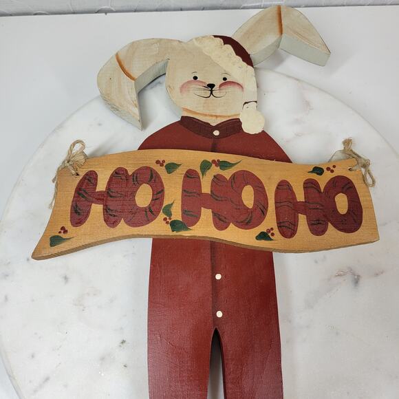 VINTAGE Bunny Santa Claus Ornament 15" HO HO HO Handmade Folk‎ Art Christmas - Picture 8 of 13